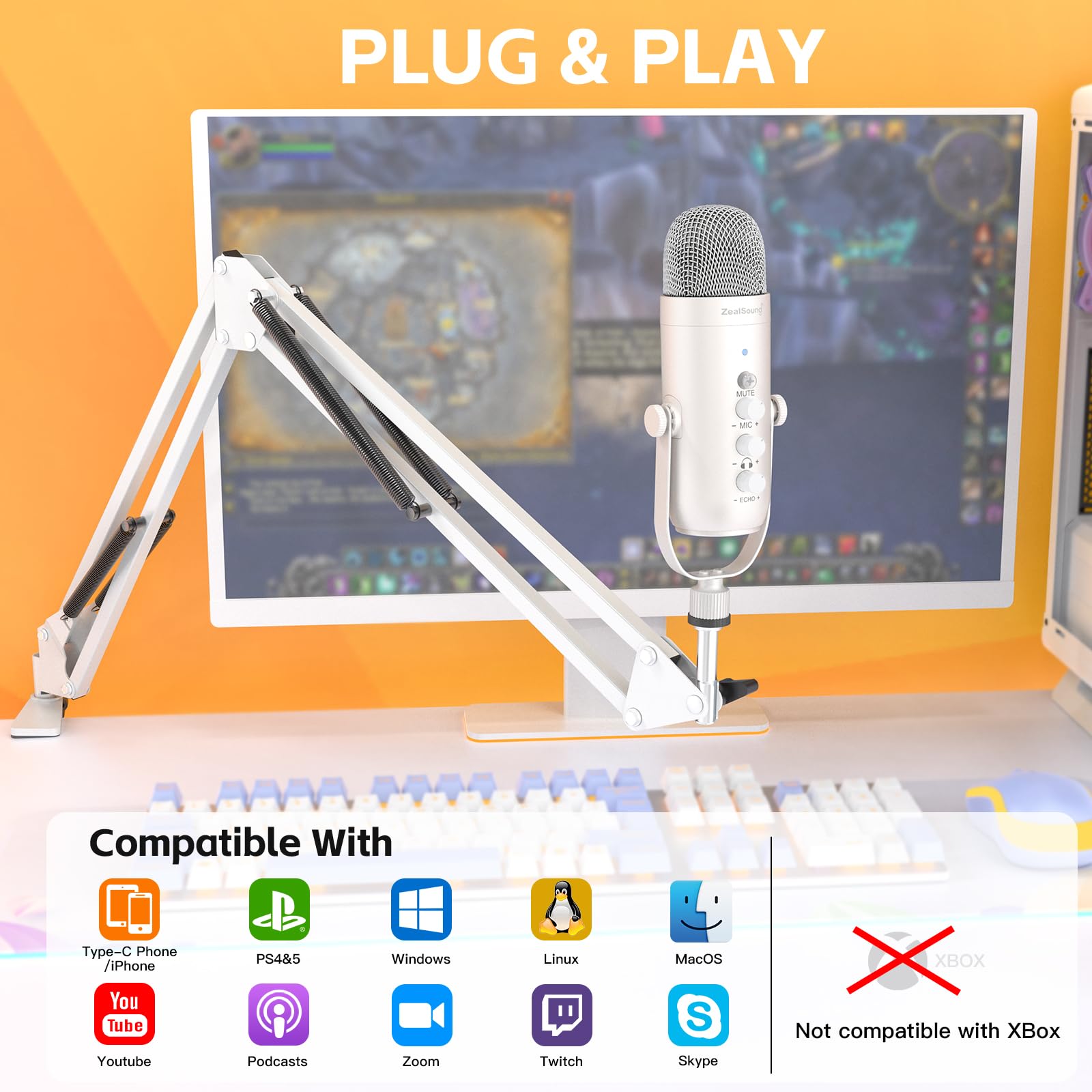 ZealSound Gaming Microphone Kit,Podcast Condenser USB Mic with Boom Arm,Supercardioid Microphone with Mute Button,Echo Volume Ga